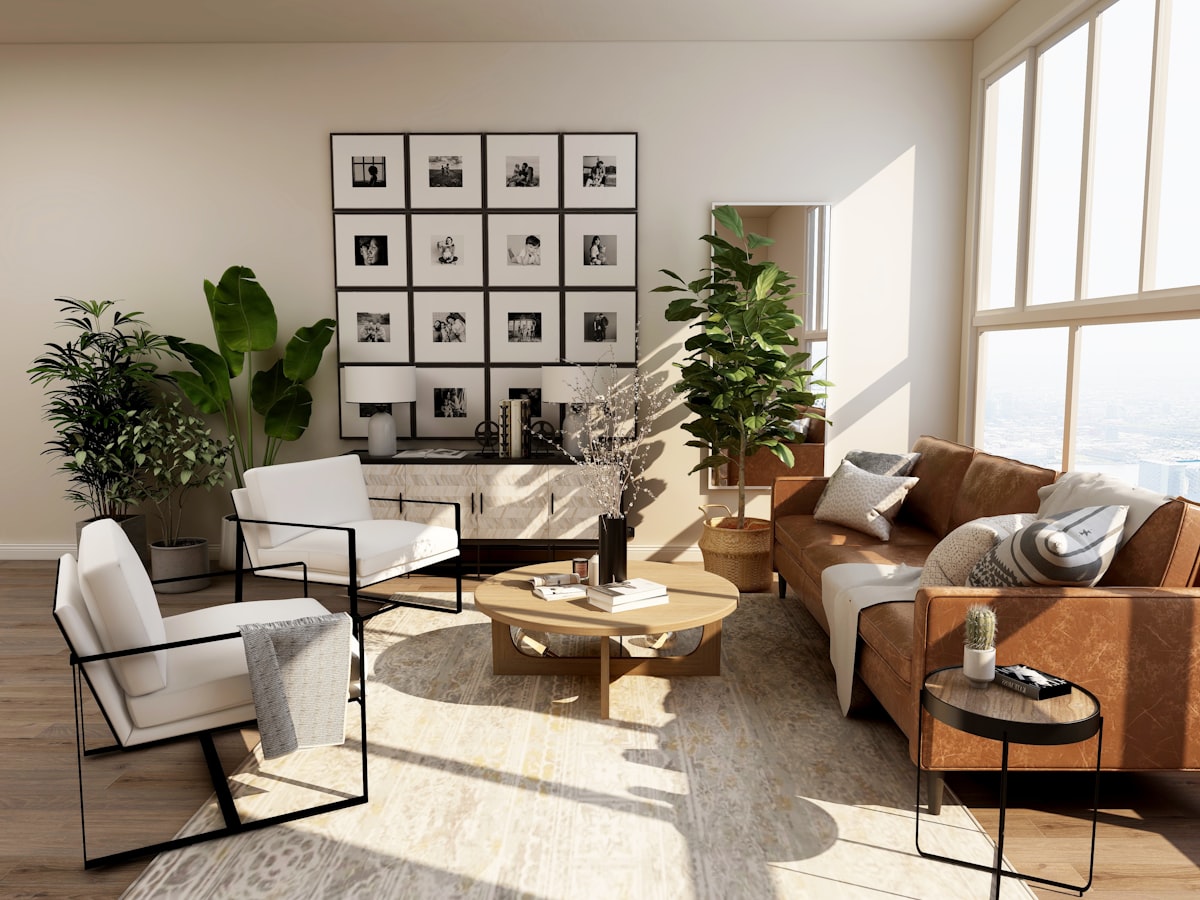 Abstract brutalist art piece with brown and beige organic shapes, structured gallery setting with stark white walls, no human presence